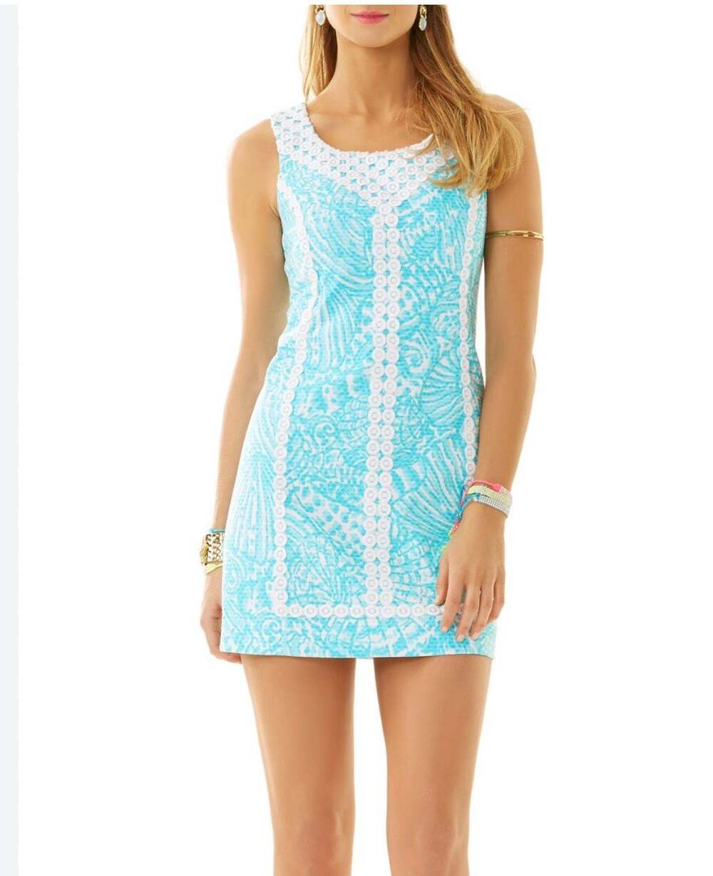 Lilly Pulitzer McFarlane Shorely Blue Sleeveless Shell Print Shift Dress Size 8 - Picture 2 of 4